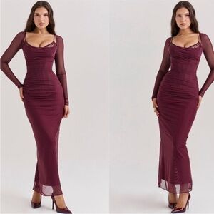 House of CB Burgundy Long Sleeve Mesh Maxi Dress